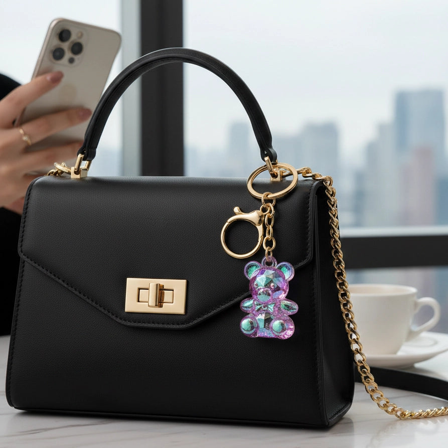 Faceted Crystal Bear Keychain – 4.5cm 3D Resin Teddy Bear Bag Charm with Gold Lobster Clasp (KBC-0695)