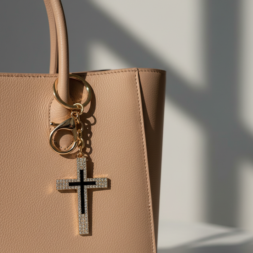 Crystal Cross Keychain – Elegant Rhinestone Cross Keyring with Clasp, 5.5cm – Available in Gold & Silver (KBC-0715)