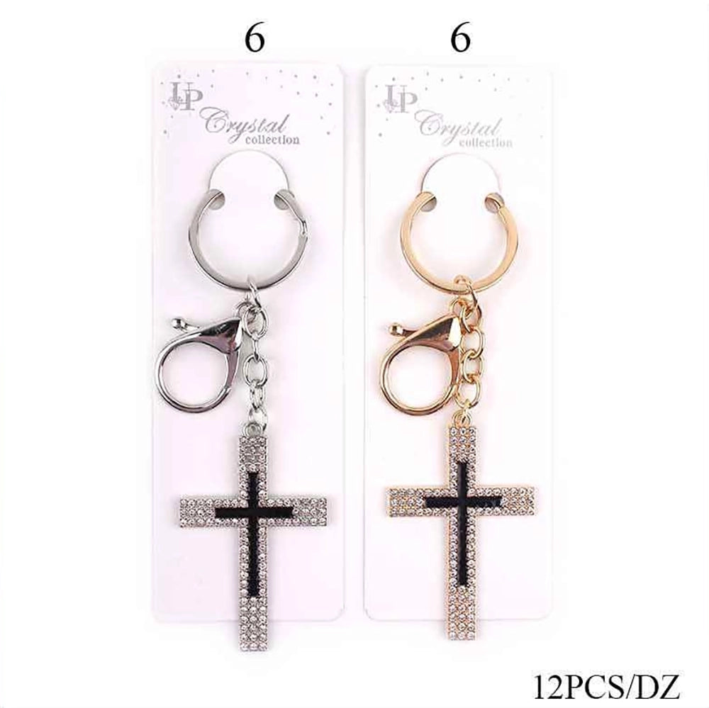 Crystal Cross Keychain – Elegant Rhinestone Cross Keyring with Clasp, 5.5cm – Available in Gold & Silver (KBC-0715)