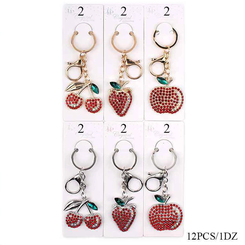Rhinestone Fruit Keychain Set - Sparkly Cherry, Strawberry & Apple Bag Charms (12 Pieces) (KBC-0717)