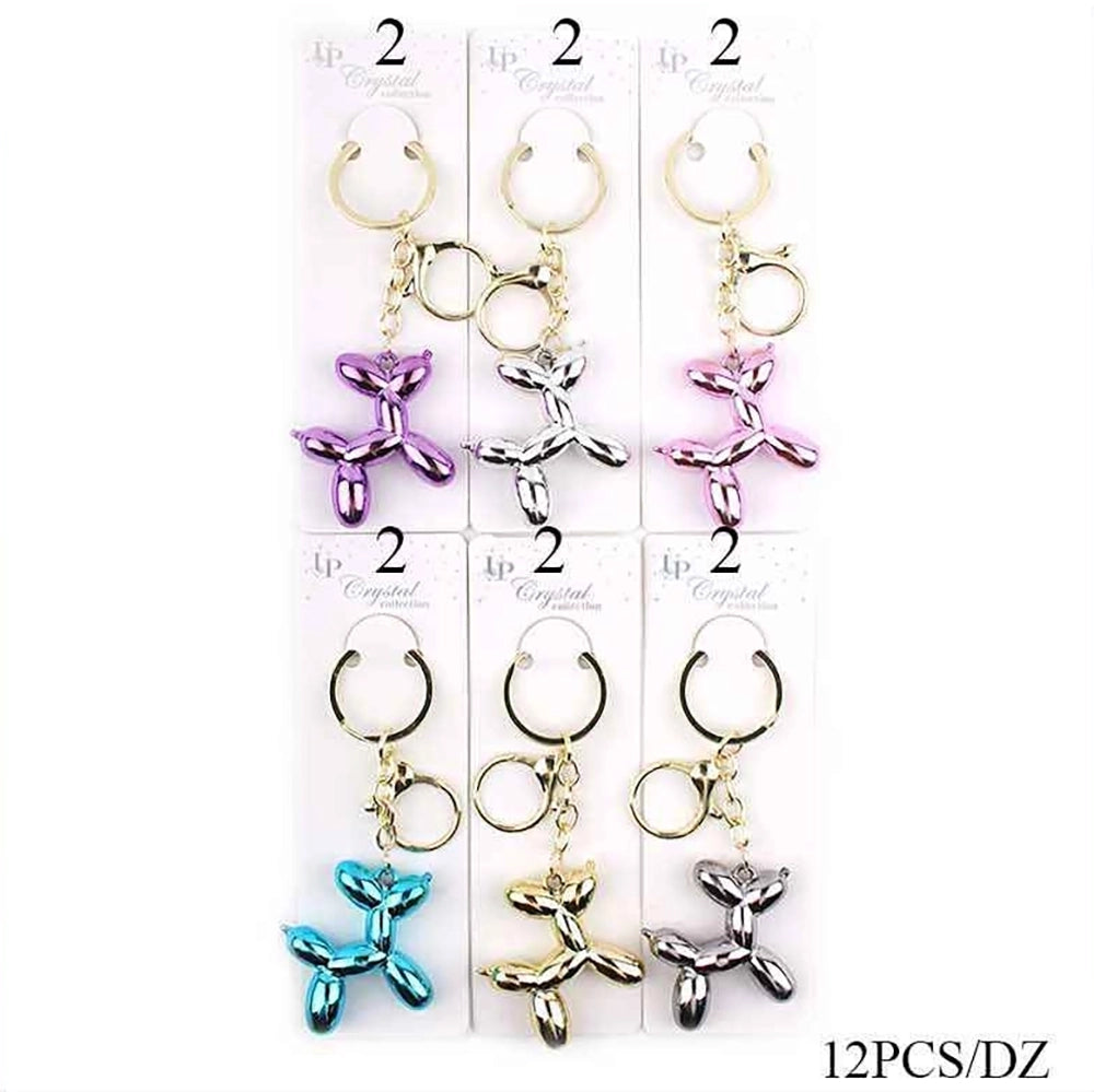 Balloon Dog Keychain – Metallic Crystal Balloon Animal Key Ring – Assorted Colors 12pcs (KBC-0725)