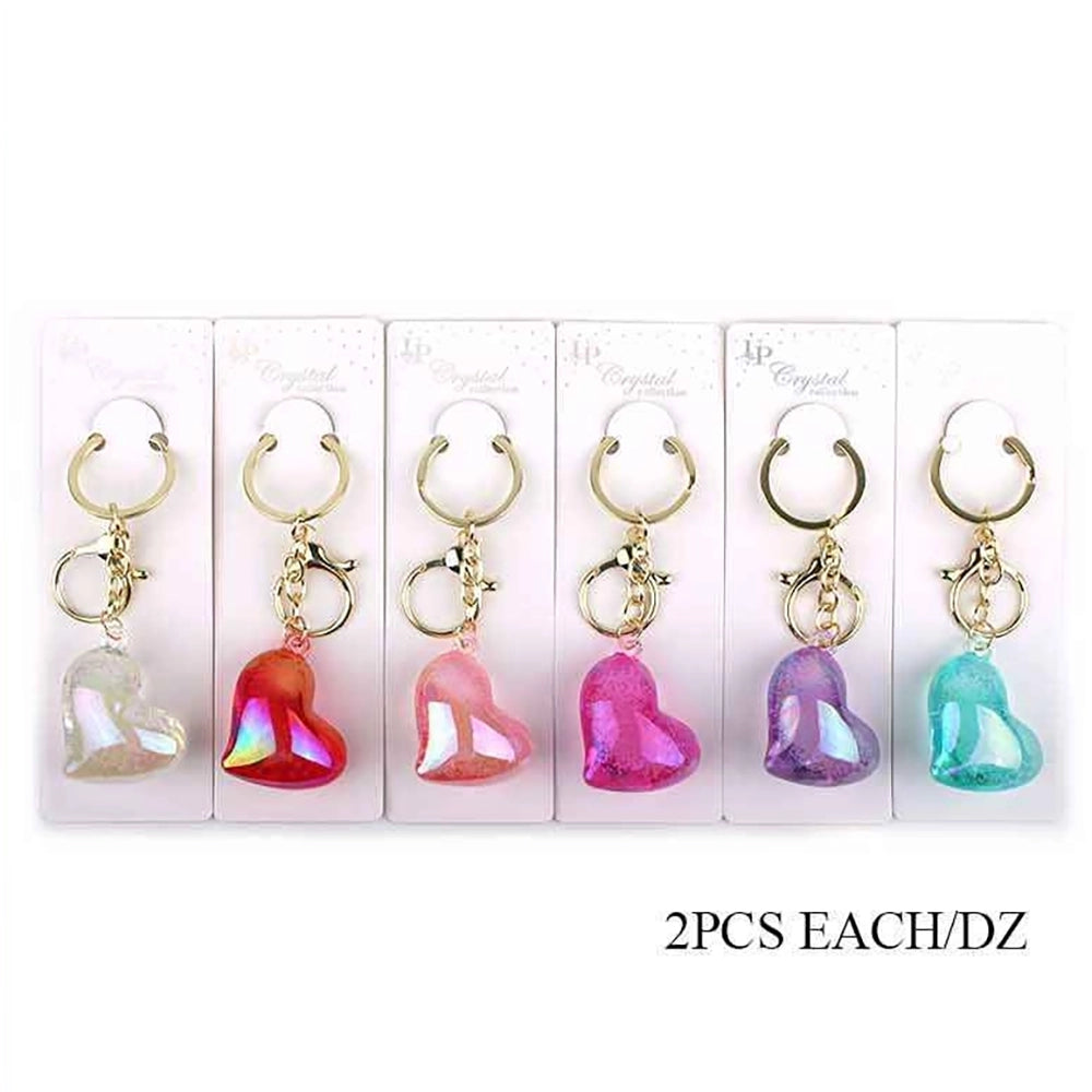 Iridescent Heart Keychain Bulk Pack – 12pc Aurora Crystal Resin Heart Keyrings, Cute Valentine's Day Party Favors, Girls Backpack Charms, 6 Assorted Colors (KBC-0742)