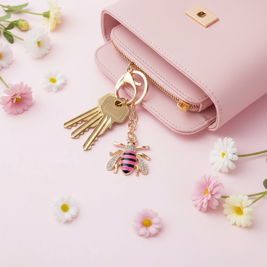 Rhinestone Honey Bee Keychain – Enamel Bumblebee Bag Charm, Gold & Silver Crystal Insect Key Ring, Cute Animal Backpack Pendant Accessory (KBC-0745)