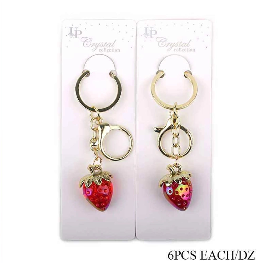 Crystal Strawberry Keychain with Gold Clasp – Red Rhinestone Fruit Bag Charm & Key Ring Pendant Dozen Wholesale (KBC-0749)