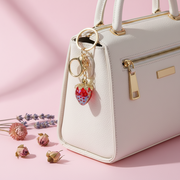 Crystal Strawberry Keychain with Gold Clasp – Red Rhinestone Fruit Bag Charm & Key Ring Pendant Dozen Wholesale (KBC-0749)