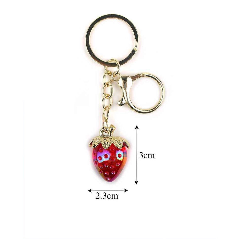 Crystal Strawberry Keychain with Gold Clasp – Red Rhinestone Fruit Bag Charm & Key Ring Pendant Dozen Wholesale (KBC-0749)