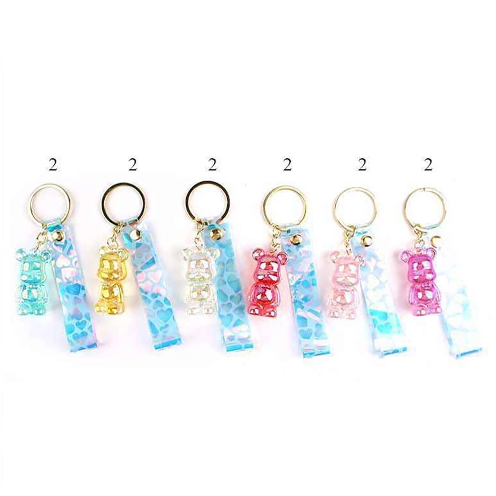 Iridescent Bear Keychain with Heart Strap – 12-Piece Bulk Set, Cute Translucent Acrylic Cartoon Bear Keyring Bag Charm, Trendy Party Favors & Gifts (KBC-0750)