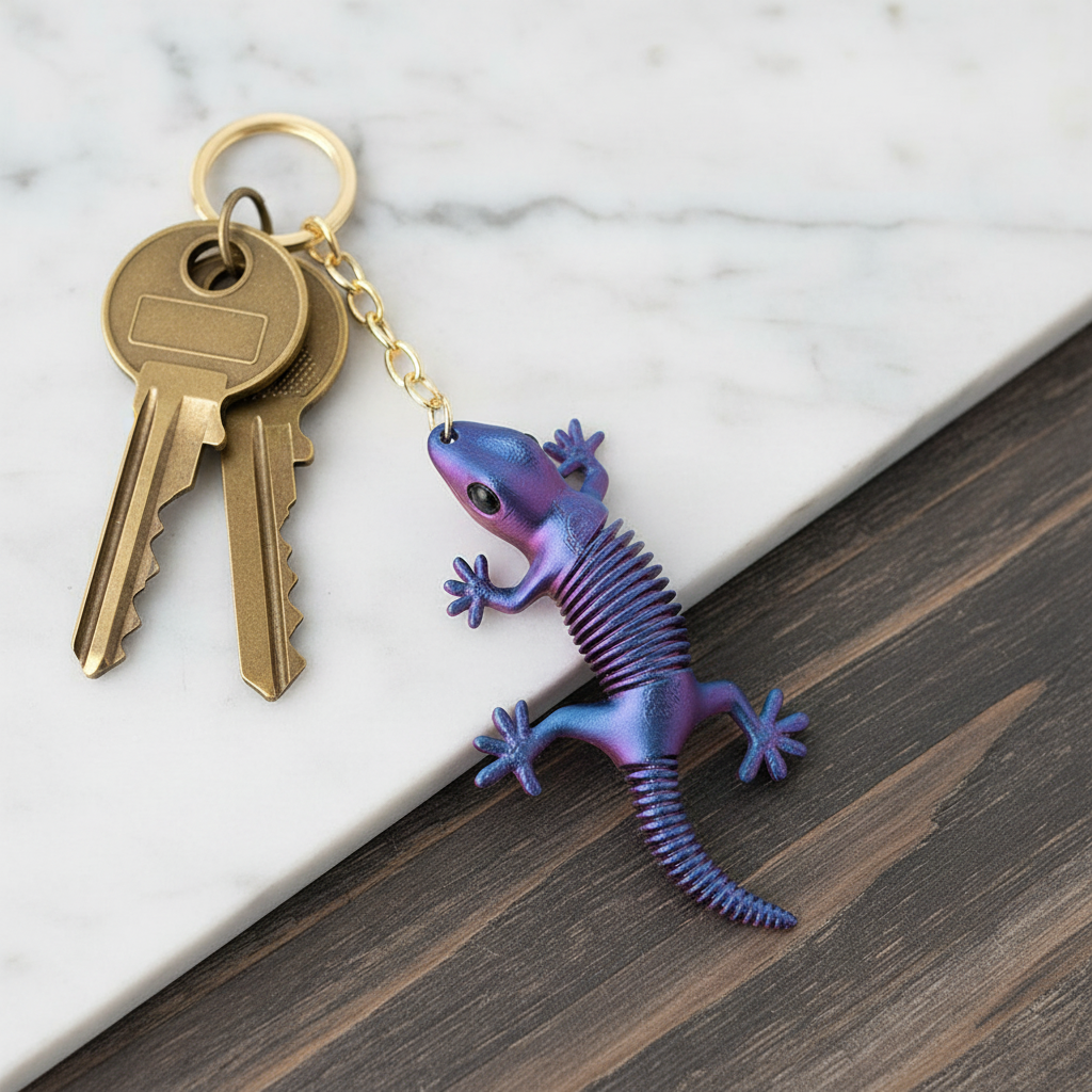 3D Printed Articulated Lizard Keychain – 11cm Flexible Gecko Keyring with Iridescent Metallic Color-Shift Finish (KBC-0765)