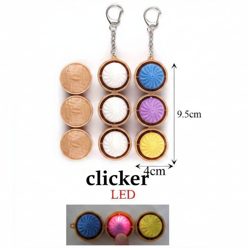 Mini Light-Up Steamer Basket Clicker Keychain | 3-Tier Mini Dumpling LED Keyring | Cute Foodie Bag Charm & Fidget Toy (Set of 12) (KBC-0799)