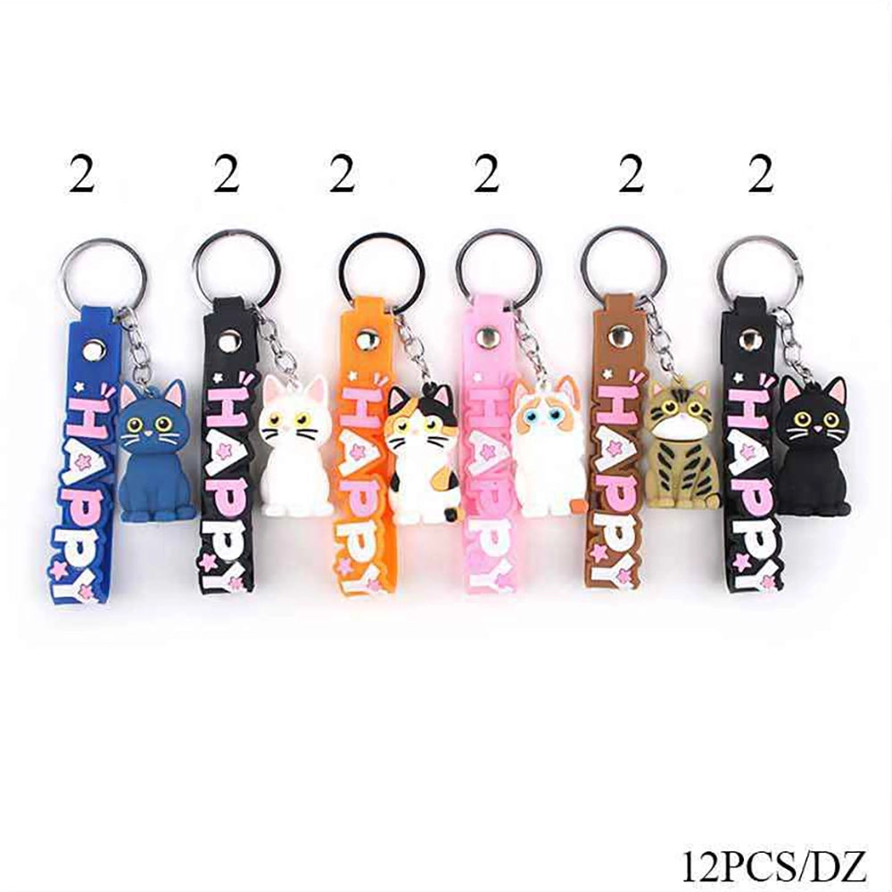 Cute Cartoon Cat Silicone Keychain with "HAPPY" Wrist Strap – 4.5cm Kawaii Animal Keyring Backpack Charm for Kids & Adults (KBC-0807)
