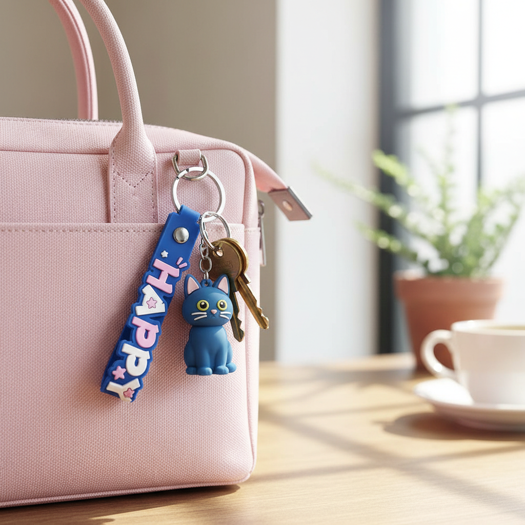 Cute Cartoon Cat Silicone Keychain with "HAPPY" Wrist Strap – 4.5cm Kawaii Animal Keyring Backpack Charm for Kids & Adults (KBC-0807)