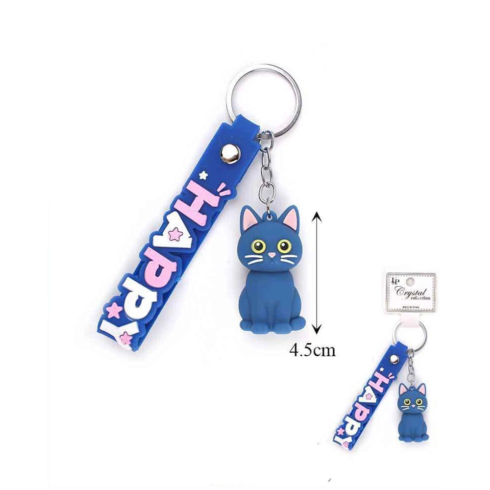 Cute Cartoon Cat Silicone Keychain with "HAPPY" Wrist Strap – 4.5cm Kawaii Animal Keyring Backpack Charm for Kids & Adults (KBC-0807)