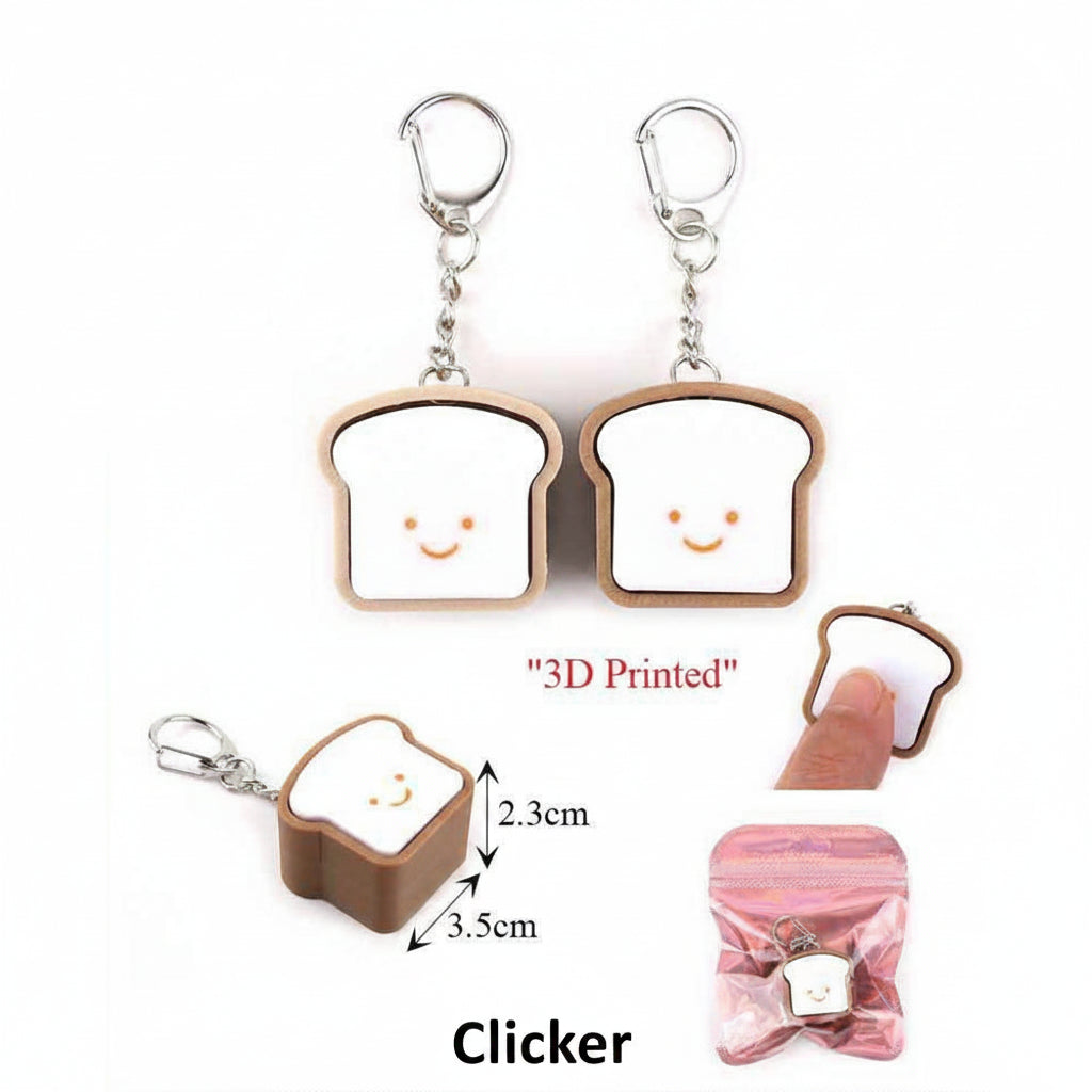 Cute 3D Printed Smiley Toast Keychain Clicker – Kawaii Bread Slice Keychain, Novelty Backpack Charm, Cute Party Favors (KBC-0815)