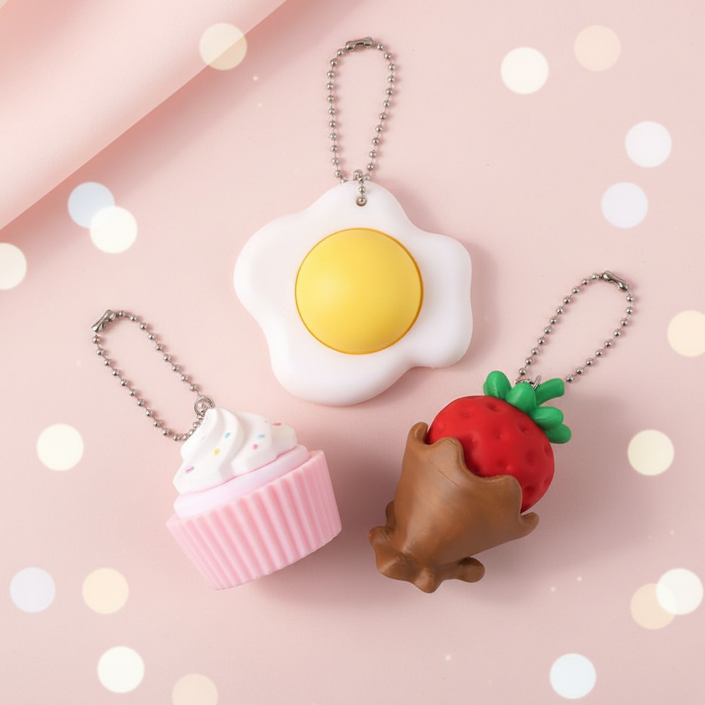 12-Pack Cute 3D Food Keychains Set – Kawaii Cupcake, Fried Egg & Strawberry Bag Charms for Kids & Adults – Bulk Fidget Keyrings & Party Favors (KBC-0821)