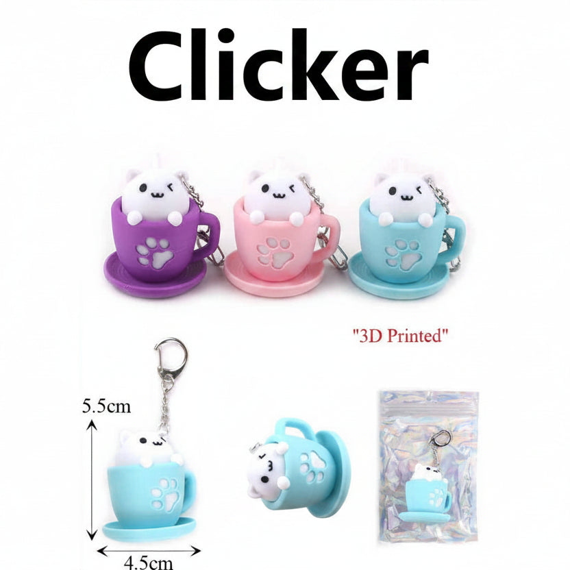 Cute 3D Printed Clicker Teacup Cat Keychain Set (12 Pack) – Kawaii Kitty Paw Coffee Cup Bag Charm & Keyring Bulk Pack (KBC-0823)