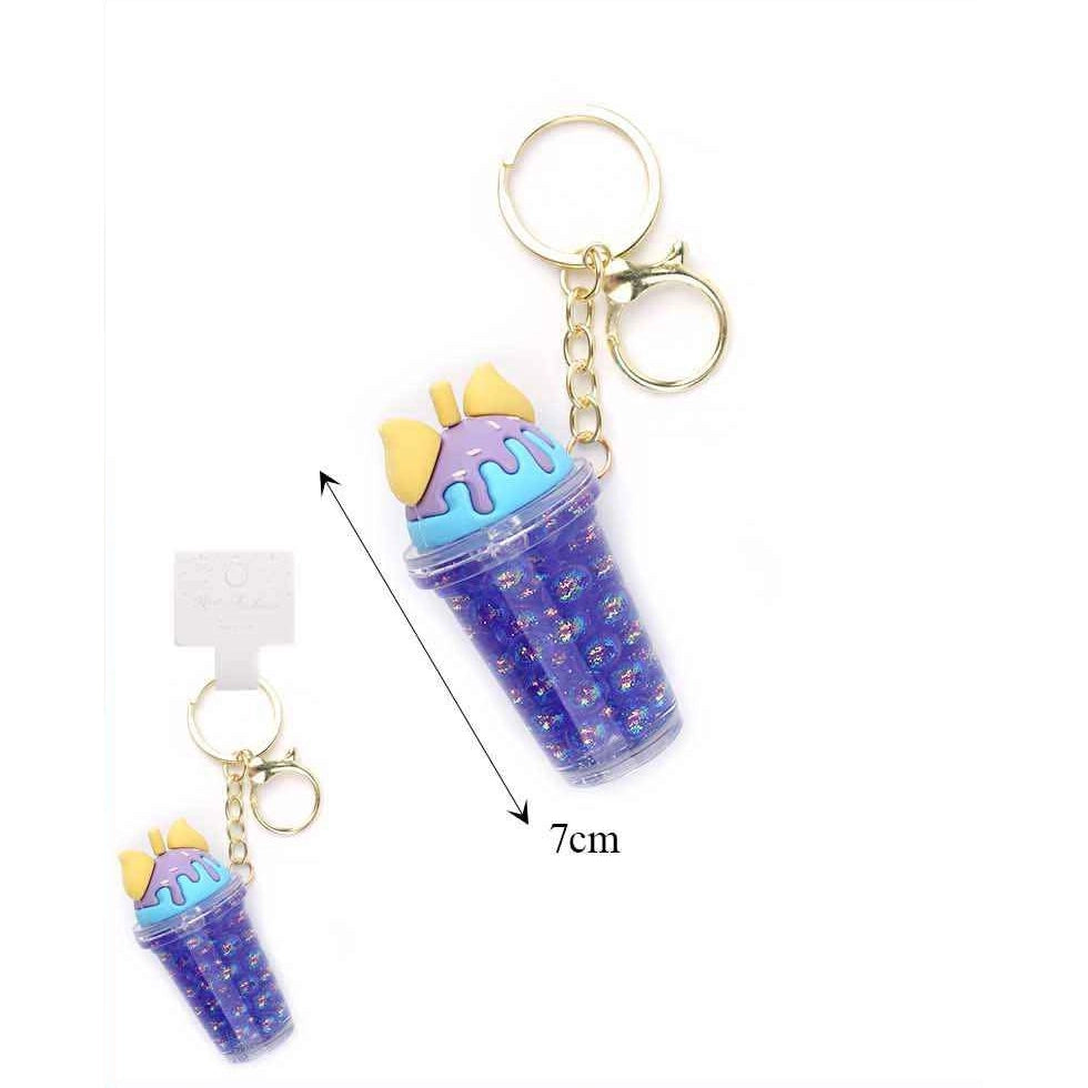 Cute Floating Liquid Boba Tea Keychain with Floating Beads & Cat Ears | Kawaii Milk Tea Drink Bag Charm Pendant for Girls & Women (7cm) (KBC-0825)