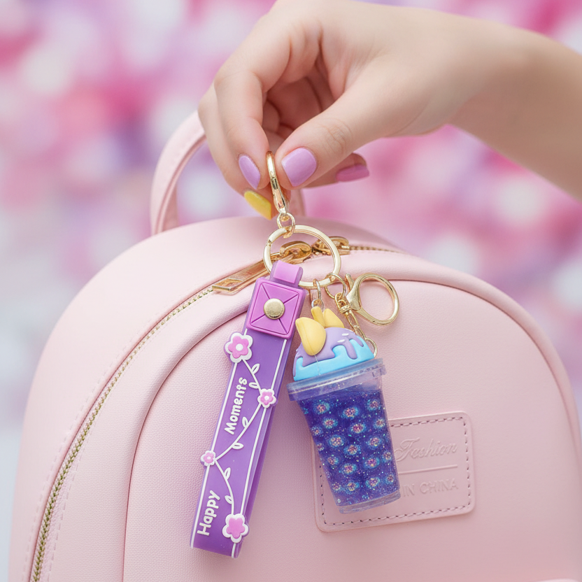 Cute Liquid Glitter Boba Cup Keychain Bulk Set (12 Pack) – Kawaii Drink Bottle Keyring with Wrist Strap & Charm for Backpacks, Bags, Party Favors (KBC-0826)