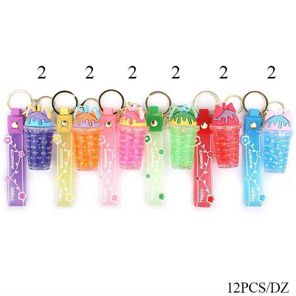 Cute Liquid Glitter Boba Cup Keychain Bulk Set (12 Pack) – Kawaii Drink Bottle Keyring with Wrist Strap & Charm for Backpacks, Bags, Party Favors (KBC-0826)