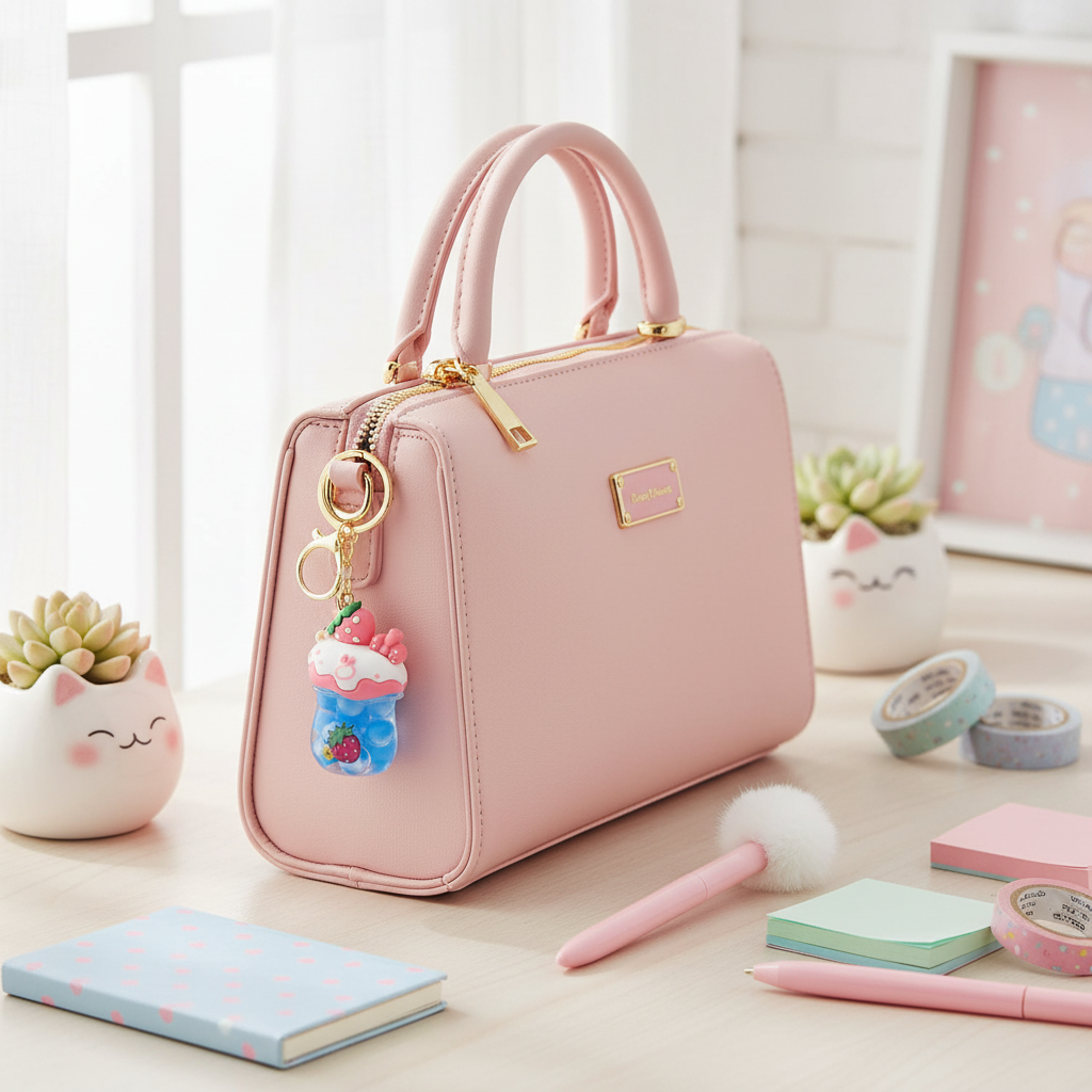 Cute Strawberry Boba Milk Tea Keychain Set – 12 Pack Kawaii Liquid Floating Bead Bag Charm Bulk Accessories (KBC-0846)