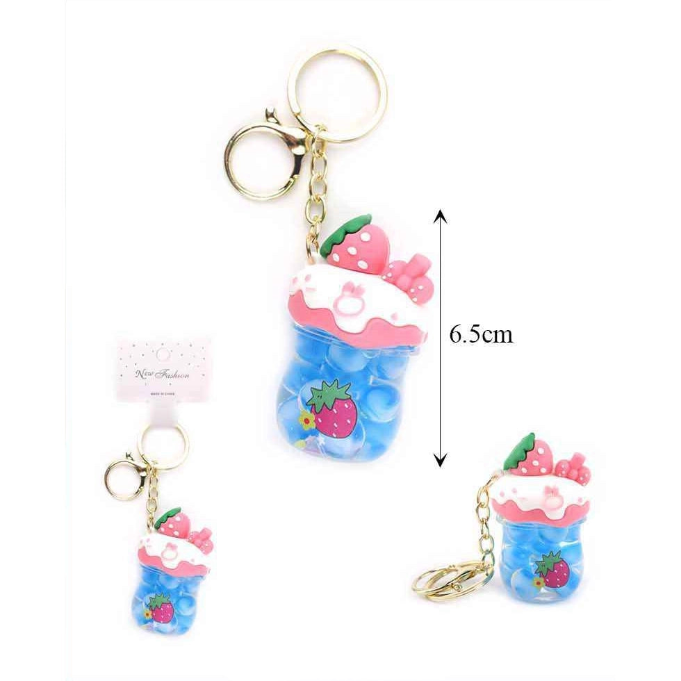 Cute Strawberry Boba Milk Tea Keychain Set – 12 Pack Kawaii Liquid Floating Bead Bag Charm Bulk Accessories (KBC-0846)