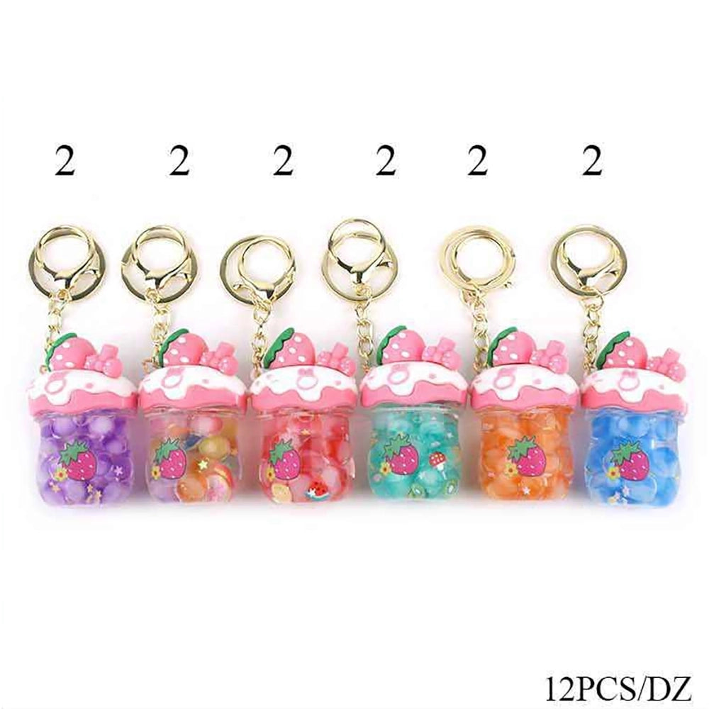 Cute Strawberry Boba Milk Tea Keychain Set – 12 Pack Kawaii Liquid Floating Bead Bag Charm Bulk Accessories (KBC-0846)