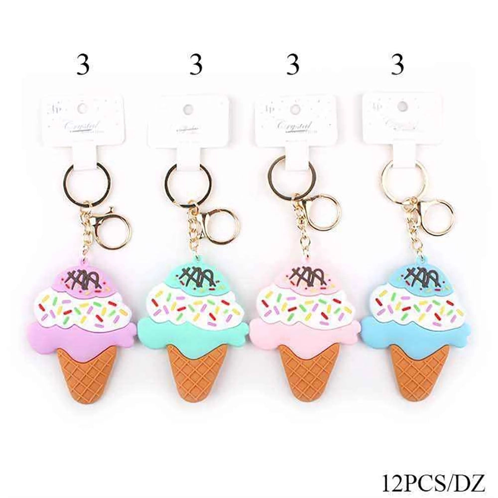 Cute Silicone Ice Cream Cone Keychain – Pastel Soft Rubber Dessert Bag Charm (9cm, 12-Pack Dozen) (KBC-0904)