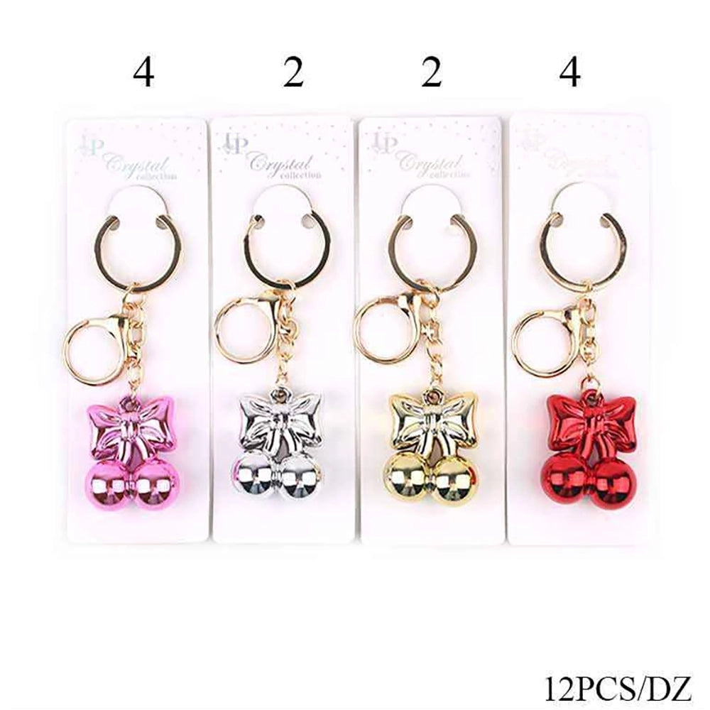Metallic Ribbon Bow & Cherry Charm Keychain – Glossy Coated Bowknot Bag Pendant (3cm Charm, 12-Pack Dozen) (KBC-0921)