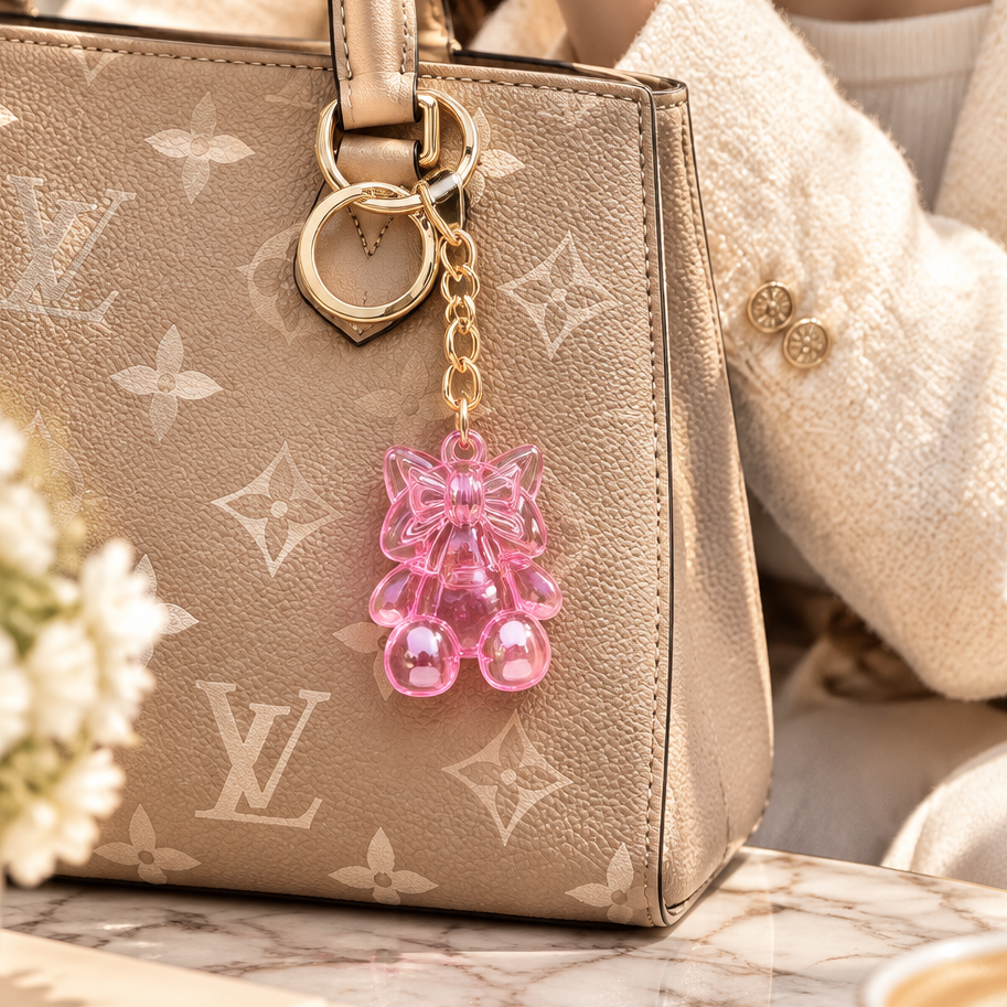 Crystal Resin Ribbon Bow & Pearl Charm Keychain – Pastel Translucent Ribbon Bag Pendant - 3cm Charm, 12pcs (KBC-0922)