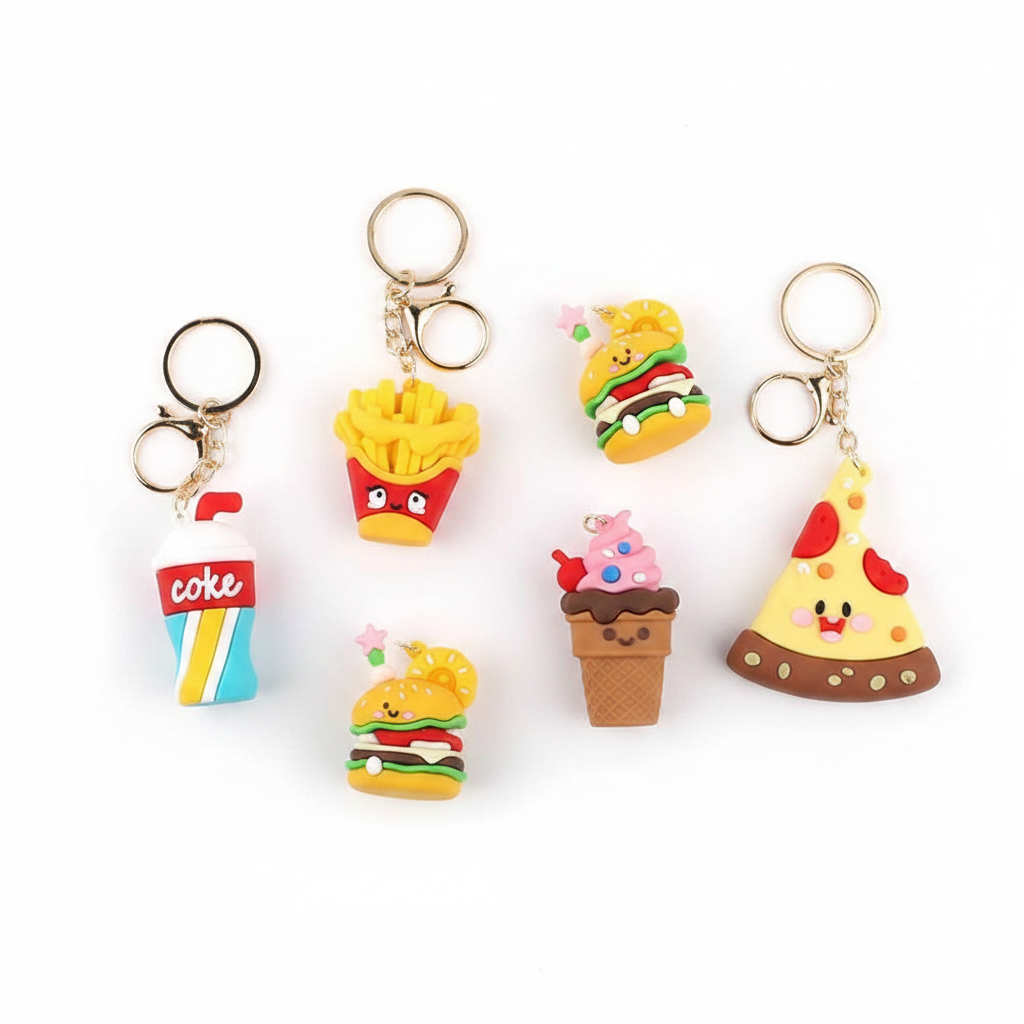 Cute Fast Food Keychain Set (12-Piece Pack) – Mini Hot Dog, Pizza, Fries & Soda Charm Keyrings for Backpacks & Purses (KBC-0952)