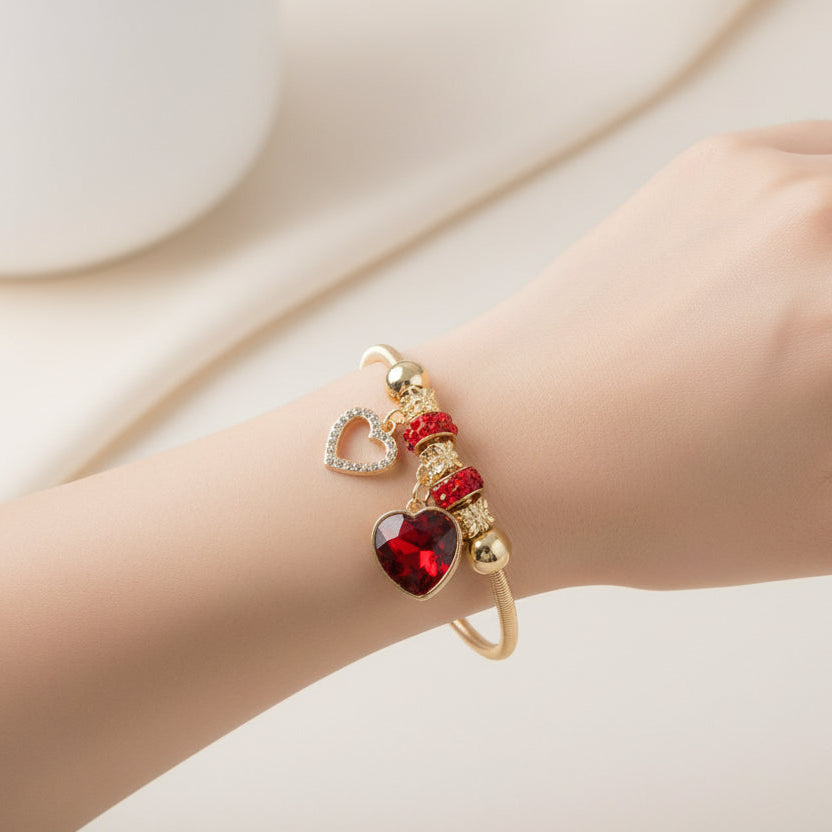 Sparkling Red Crystal Heart Charm Bracelet – Gold & Silver Tone (KBR-3252)