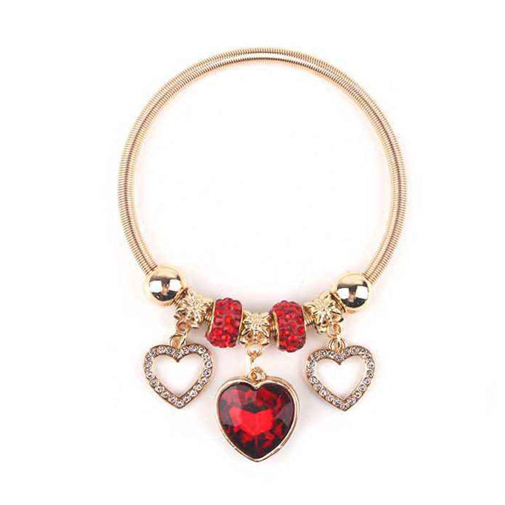 Sparkling Red Crystal Heart Charm Bracelet – Gold & Silver Tone (KBR-3252)