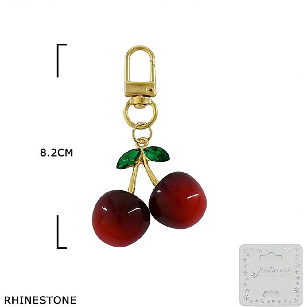 Luxury Cherry & Strawberry Rhinestone Keychain Set – 12-Piece Gold-Plated Fruit Bag Charm Assortment (KC-73373)