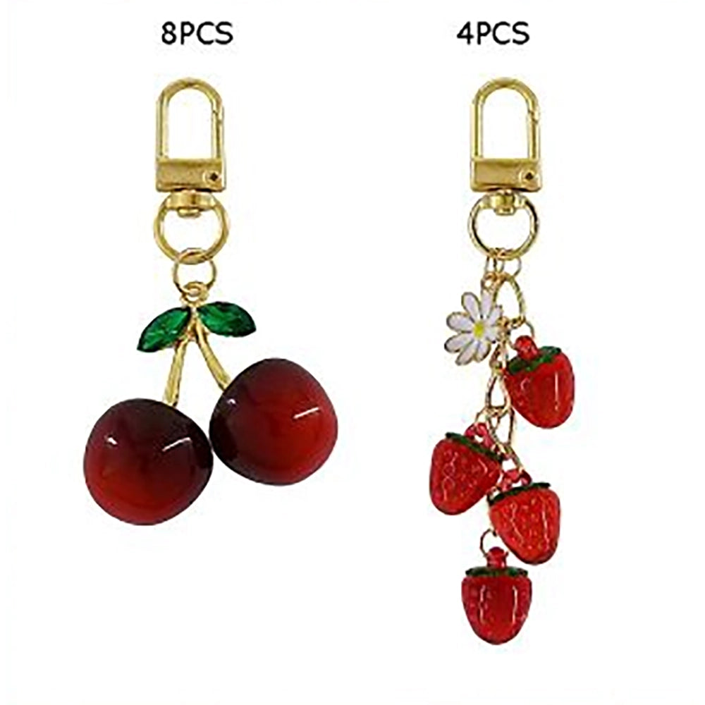 Luxury Cherry & Strawberry Rhinestone Keychain Set – 12-Piece Gold-Plated Fruit Bag Charm Assortment (KC-73373)