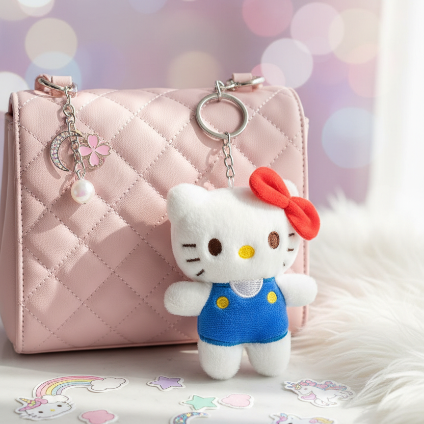 Cute Cartoon Cat Plush Keychain – 11cm Mini Stuffed Kitten Toy with Bow & Overalls – Kawaii Backpack Charm (KC-73393)