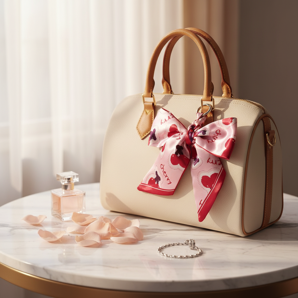 Satin Bow Bag Charm, Scarf Ribbon Keychain for Handbags, Floral & Cherry Print Purse Bow Accessories, 18cm Tote Decoration Set (KC-73400)