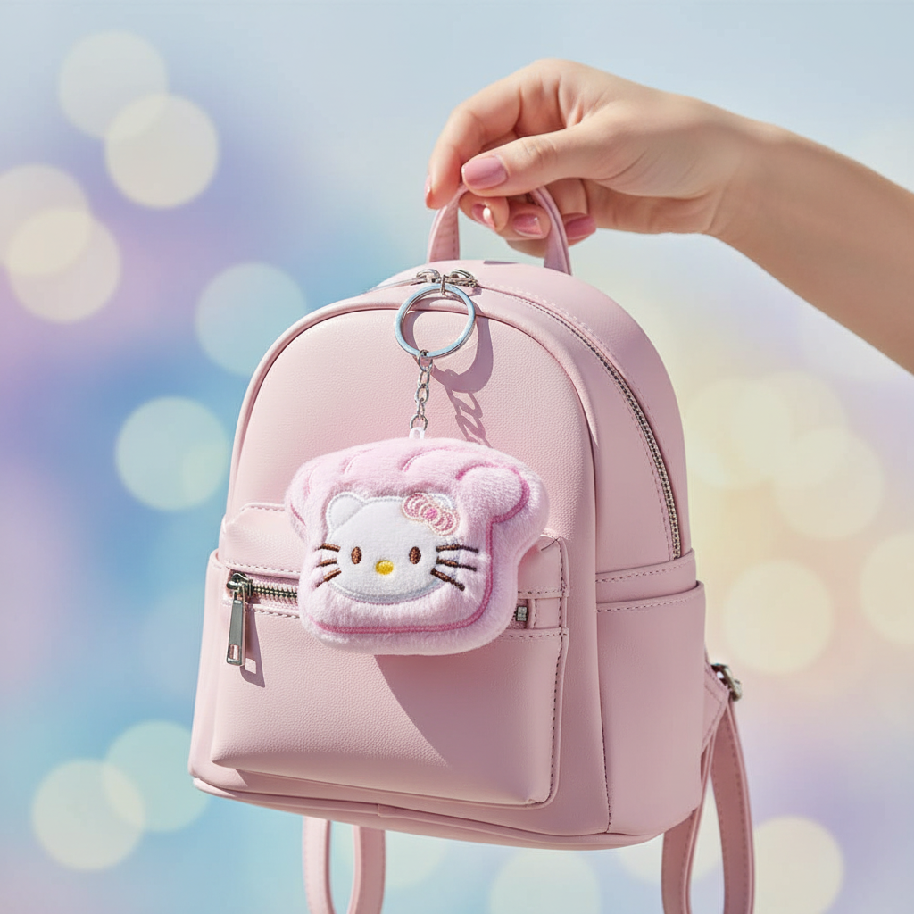 Cute Pink Kitten Bread Plush Keychain | Kawaii Pastel Cat Bakery Stuffed Toy Bag Charm | Miniature Soft Plushie Backpack Accessory, 8cm (KC-73401)