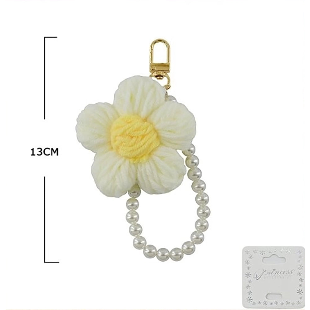 Handmade Knitted Flower Keychain with Pearl Beaded Strap – Cute Floral Bag Charm & Accessory (KC-73419)