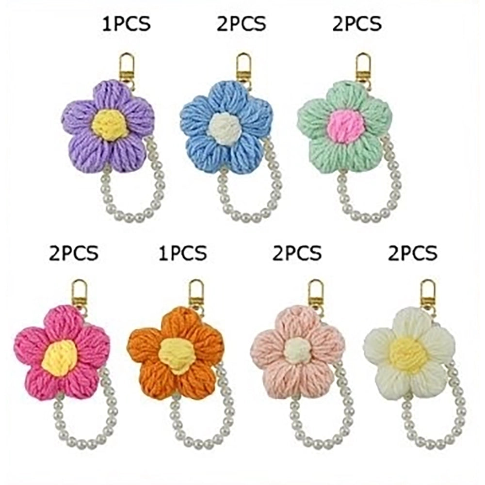 Handmade Knitted Flower Keychain with Pearl Beaded Strap – Cute Floral Bag Charm & Accessory (KC-73419)