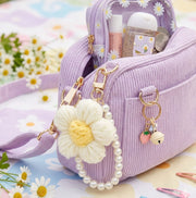Handmade Knitted Flower Keychain with Pearl Beaded Strap – Cute Floral Bag Charm & Accessory (KC-73419)