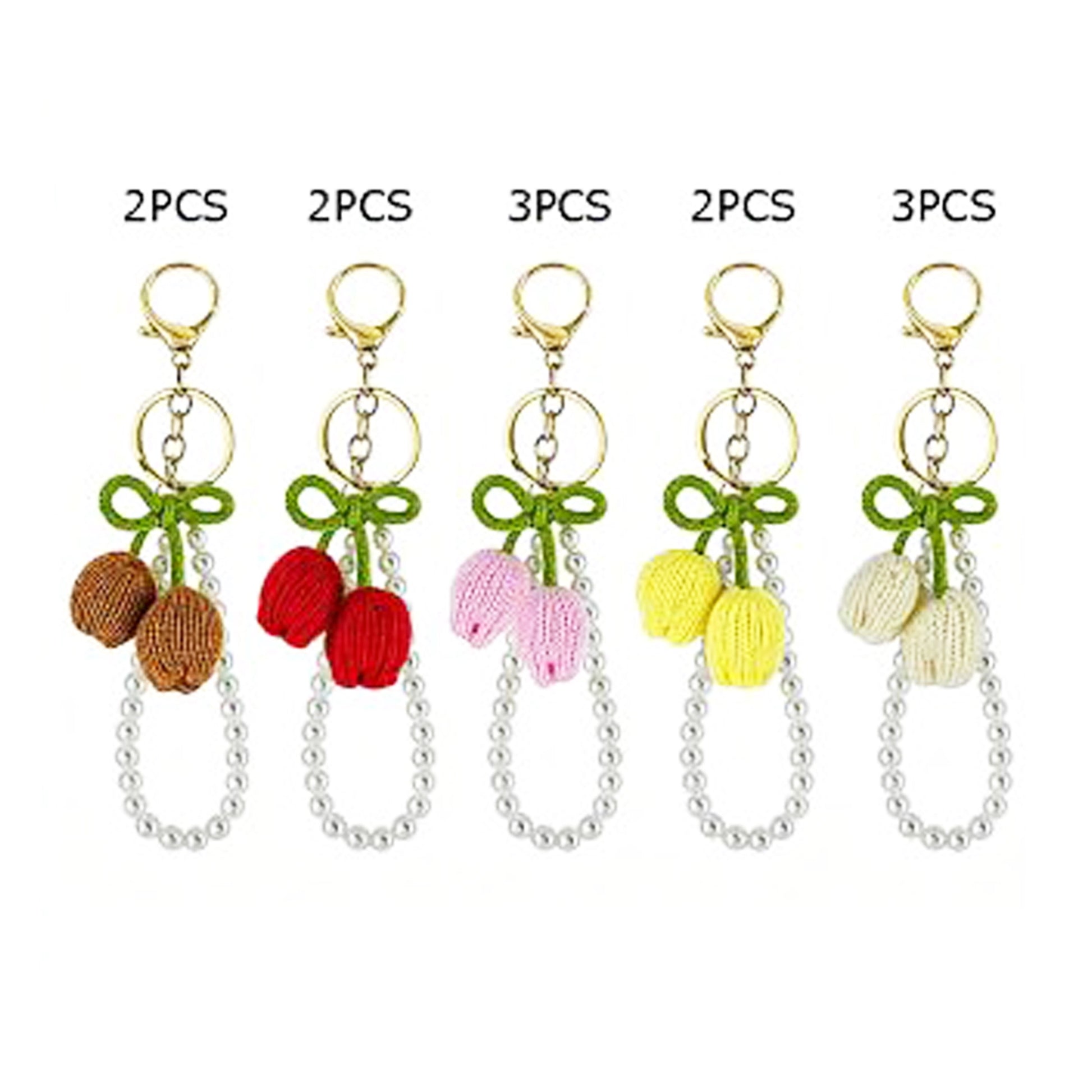 Handmade Crochet Tulip Keychain with Faux Pearl Wristlet Strap