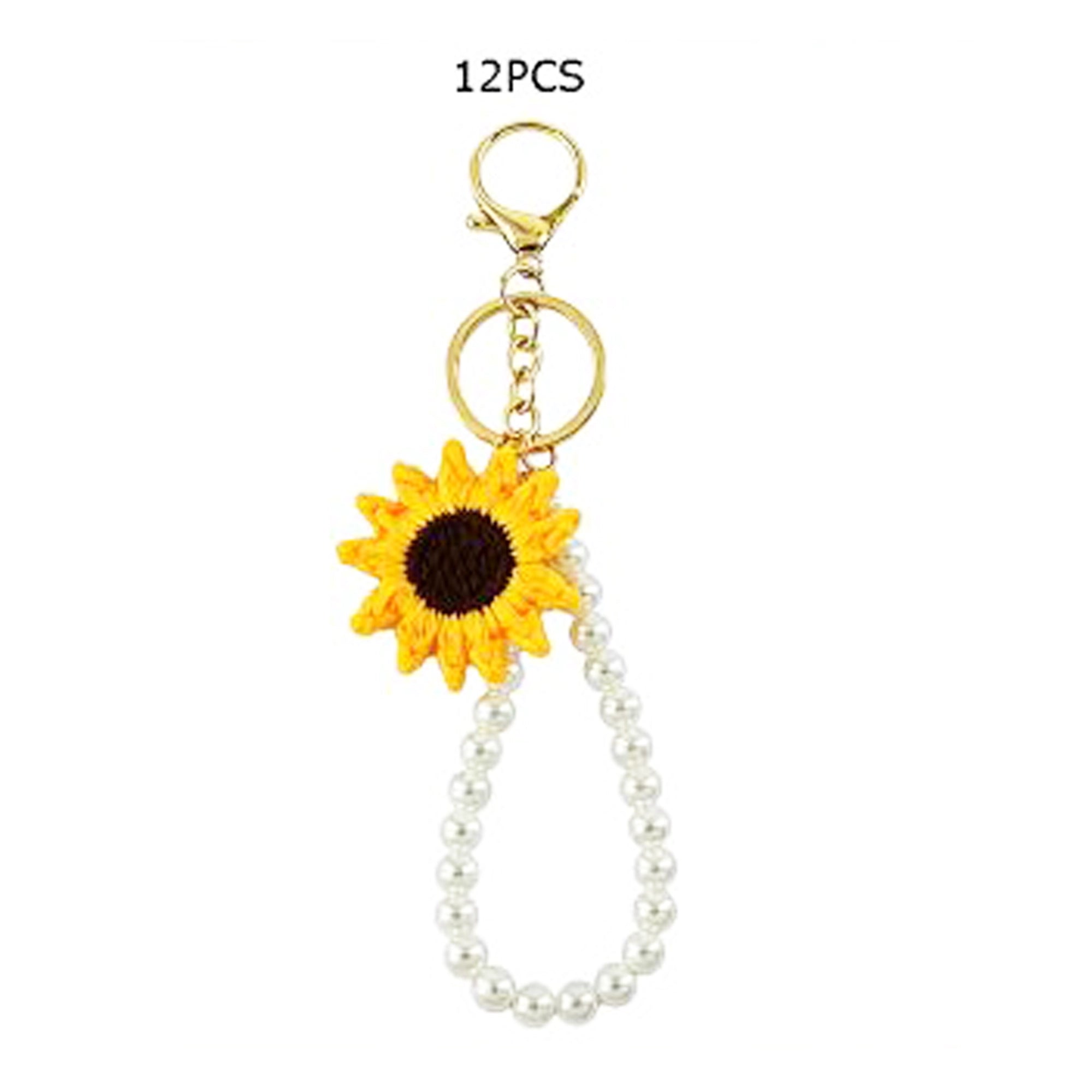 Handmade Crochet Sunflower Keychain with Elegant Pearl Wristlet Strap | Cute Floral Bag Charm & Backpack Pendant Accessory (17cm) (KC-73451M)