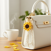 Handmade Crochet Sunflower Keychain with Elegant Pearl Wristlet Strap | Cute Floral Bag Charm & Backpack Pendant Accessory (17cm) (KC-73451M)
