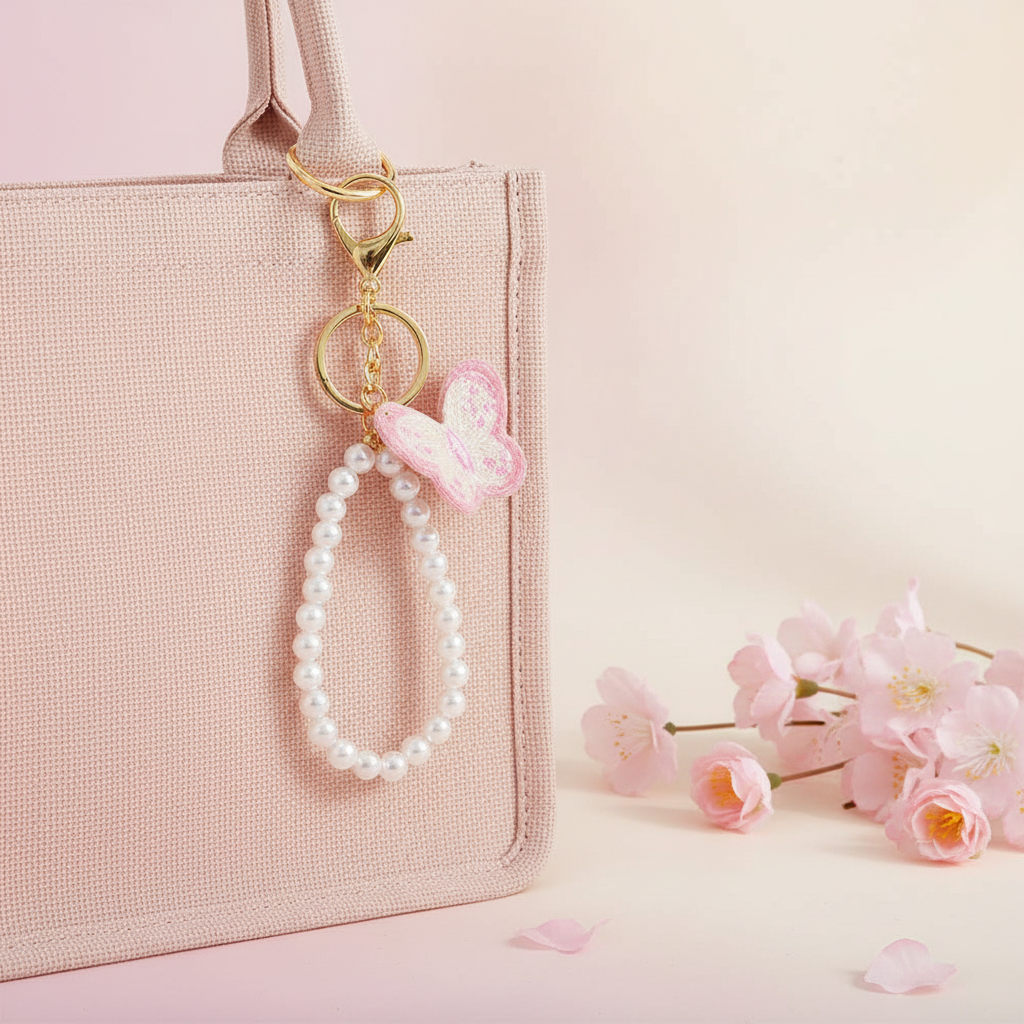 Elegant Butterfly Pearl Keychain Wristlet – Pastel Lace Butterfly Bag Charm, Cute Beaded Wrist Lanyard, Kawaii Keychain for Keys, Backpack & Purse Accessories (KC-73452M)