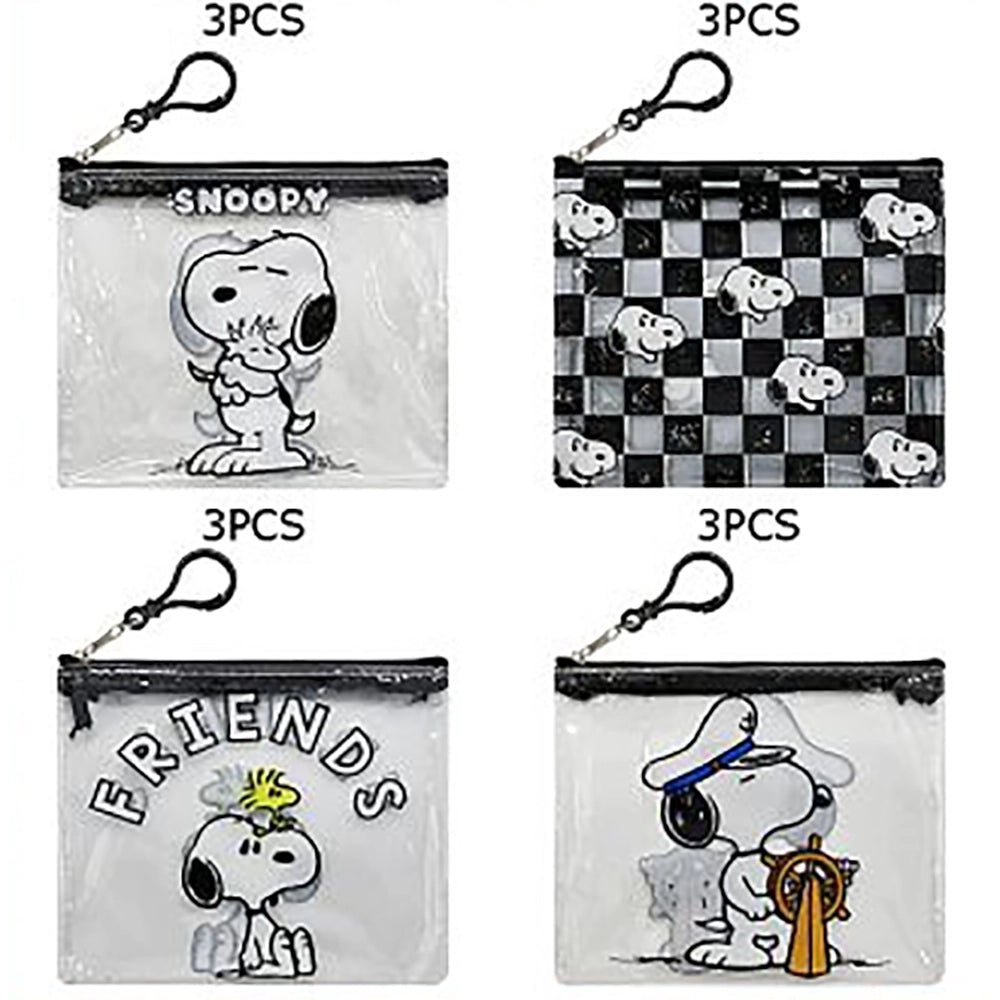 Clear Cartoon Dog Zipper Pouch with Keychain Clip (4-Style Assortment, 3-Piece Packs) | Transparent Travel Cosmetic & Coin Purse, 12cm x 15cm (KC-73456SN)