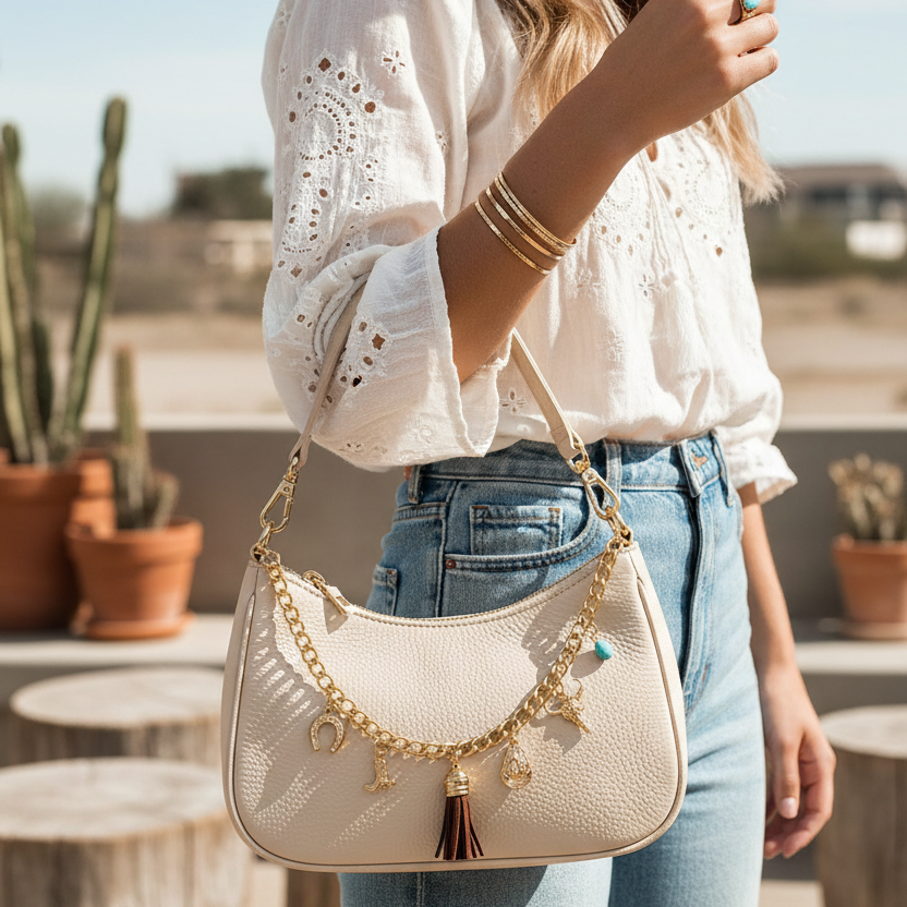 Western Charm Purse Chain Accessory - 31cm Gold & Silver Boot, Skull, and Tassel Bag Charm Extender (Style KC-73467) (KC-73467)