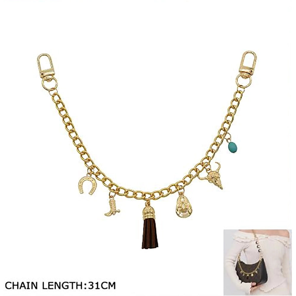 Western Charm Purse Chain Accessory - 31cm Gold & Silver Boot, Skull, and Tassel Bag Charm Extender (Style KC-73467) (KC-73467)