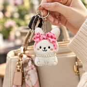 Plush Bunny Bag Charm Keychain with Pearl Necklace & Polka Dot Bow (KC-73480)