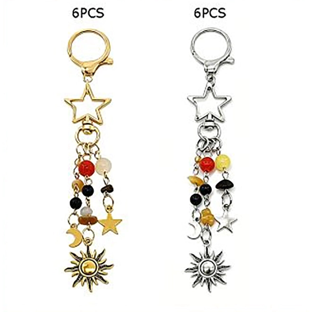 Celestial Sun, Moon, and Star Beaded Keychain Set (12-Piece) – Gold & Silver Astral Charm Bag Clips, 14cm (KC-75765M)
