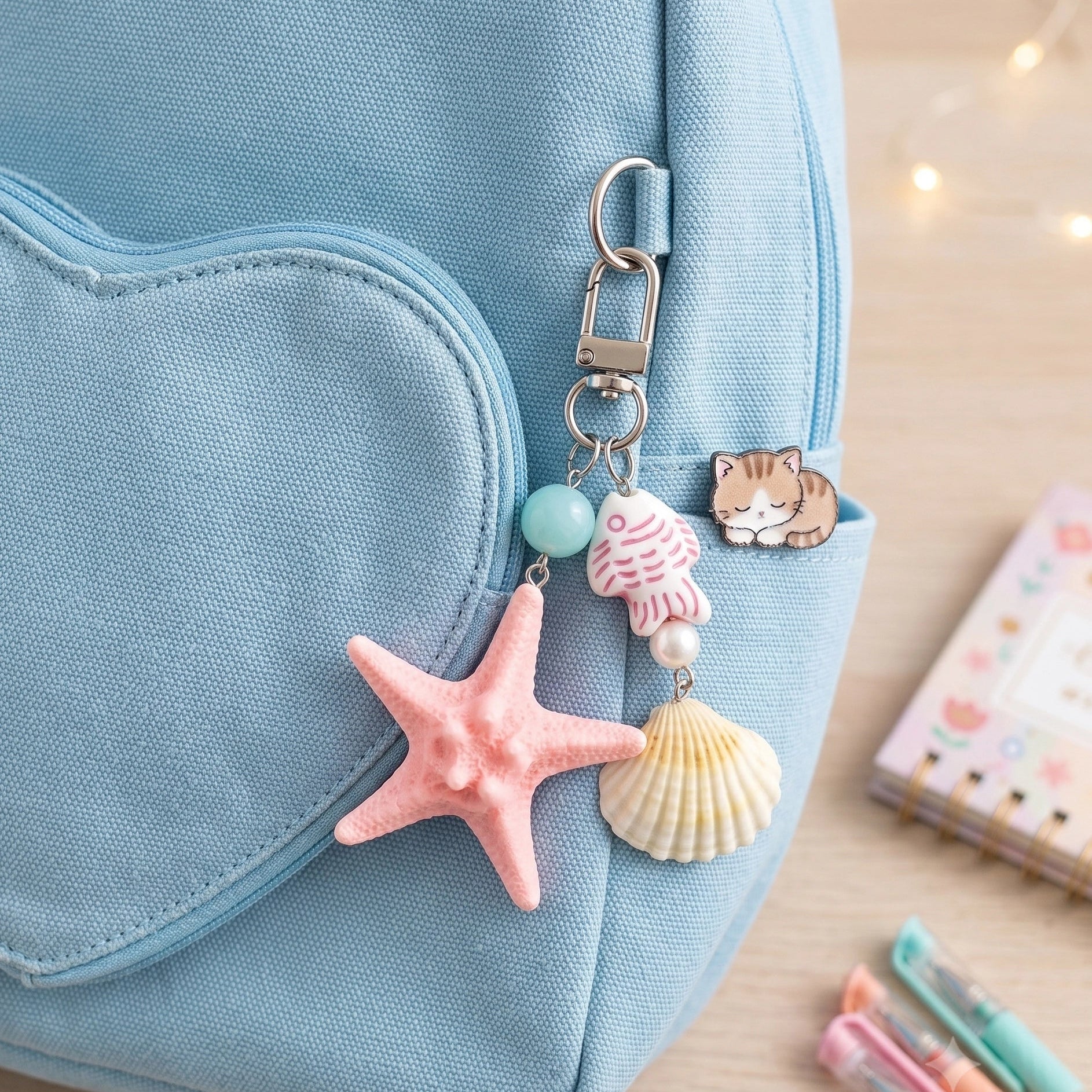 Ocean Theme Starfish and Seashell Keychain Pack | Coastal Fish Charm Bag Pendant | Beach-Inspired Backpack Accessories, 12-Piece Assorted Set (KC-75778)
