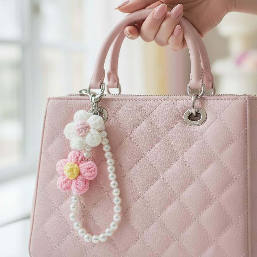 Cute Boho Crochet Flower Pearl Keychain Wristlet | Aesthetic Bag Charm & Keyring Pack, Pastel Floral Accessories (KC-75780)